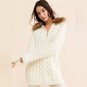 Show Me Your Mumu Jumper - White Cable Knit Sweater with Faux Fur Collar NWT